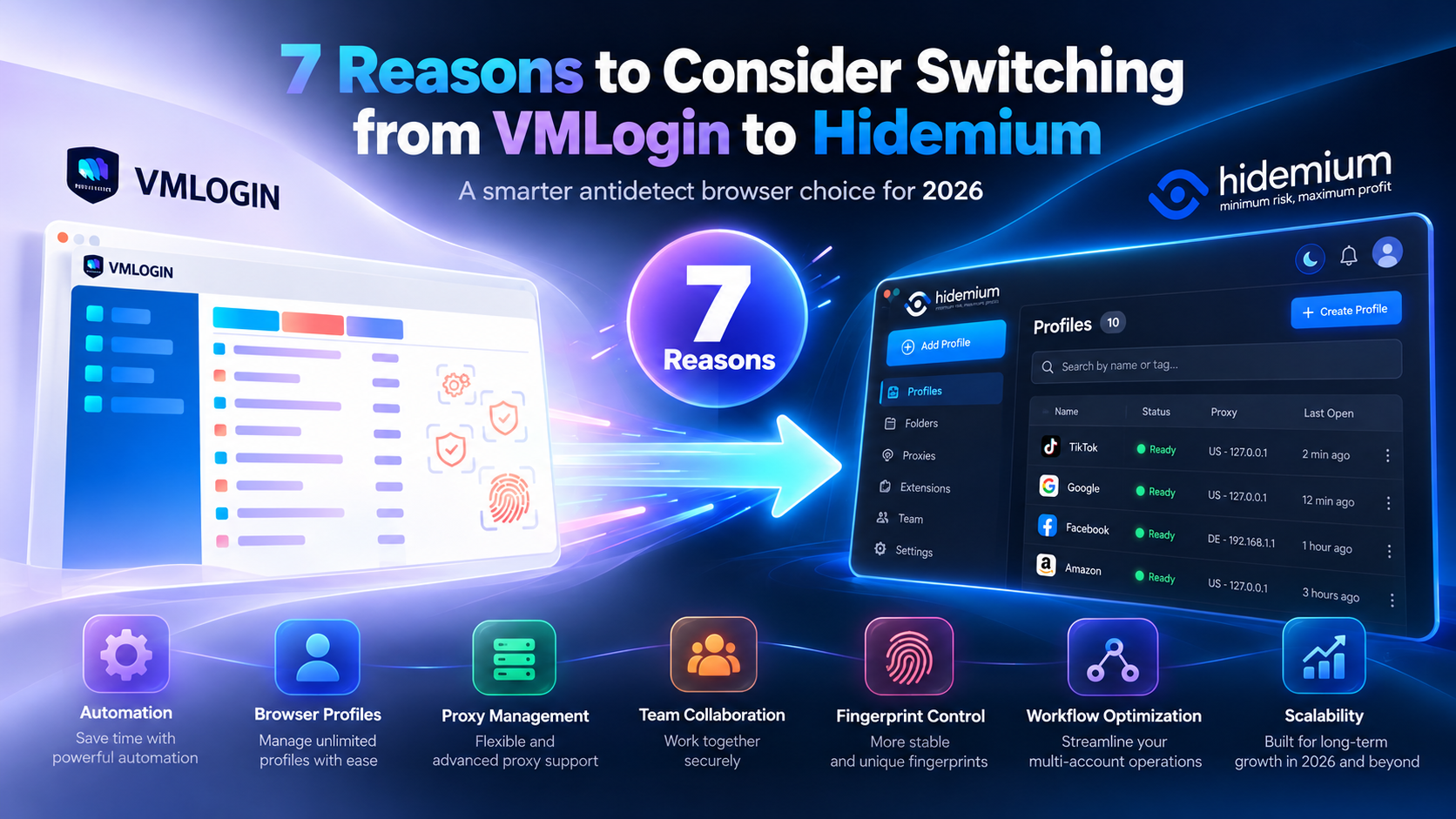7 reasons to switch from VMLogin to Hidemium antidetect browser, highlighting browser automation, multi-account management, proxy integration, fingerprint control, team collaboration, and workflow optimization.